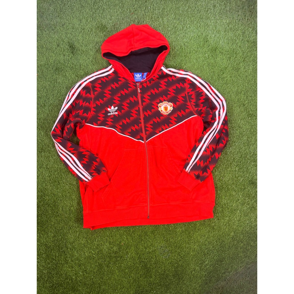 Retro Adidas Originals Manchester United Zip Hoodie Red Black Geometric Mens 2XL